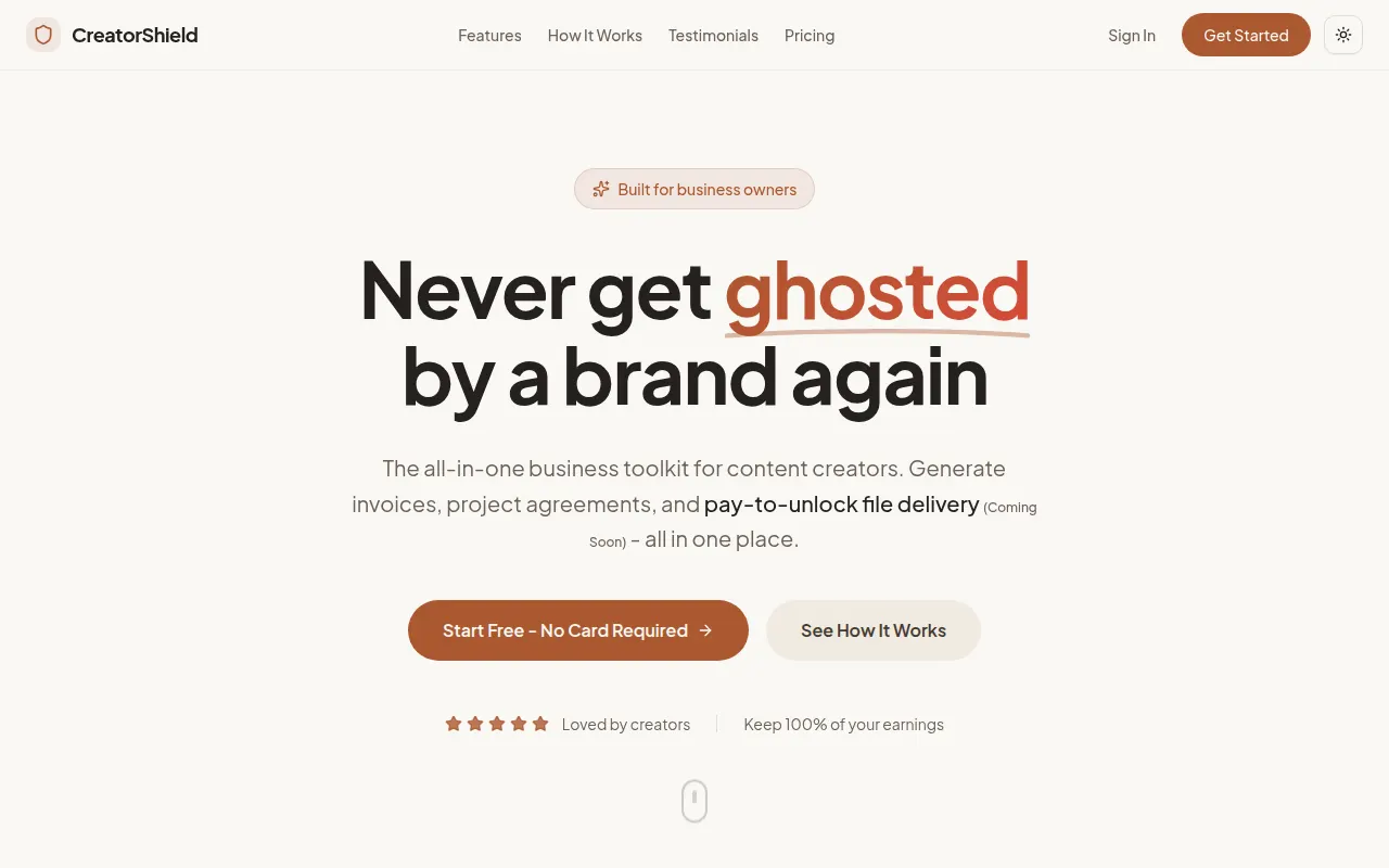 Homepage of creatorshield.tech