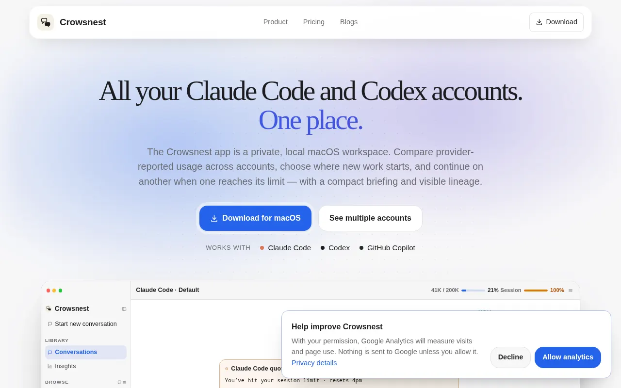Homepage of crowsnest.app