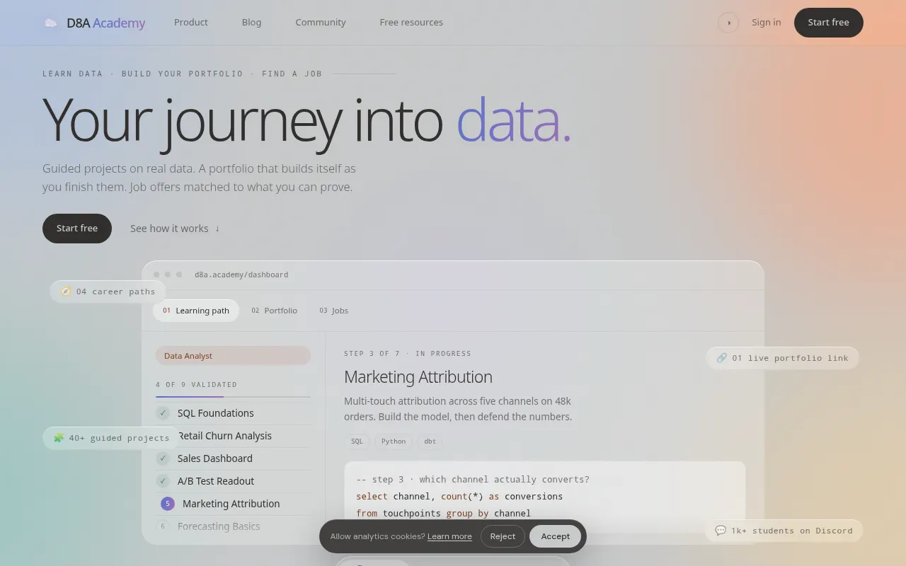 Homepage of d8a.academy