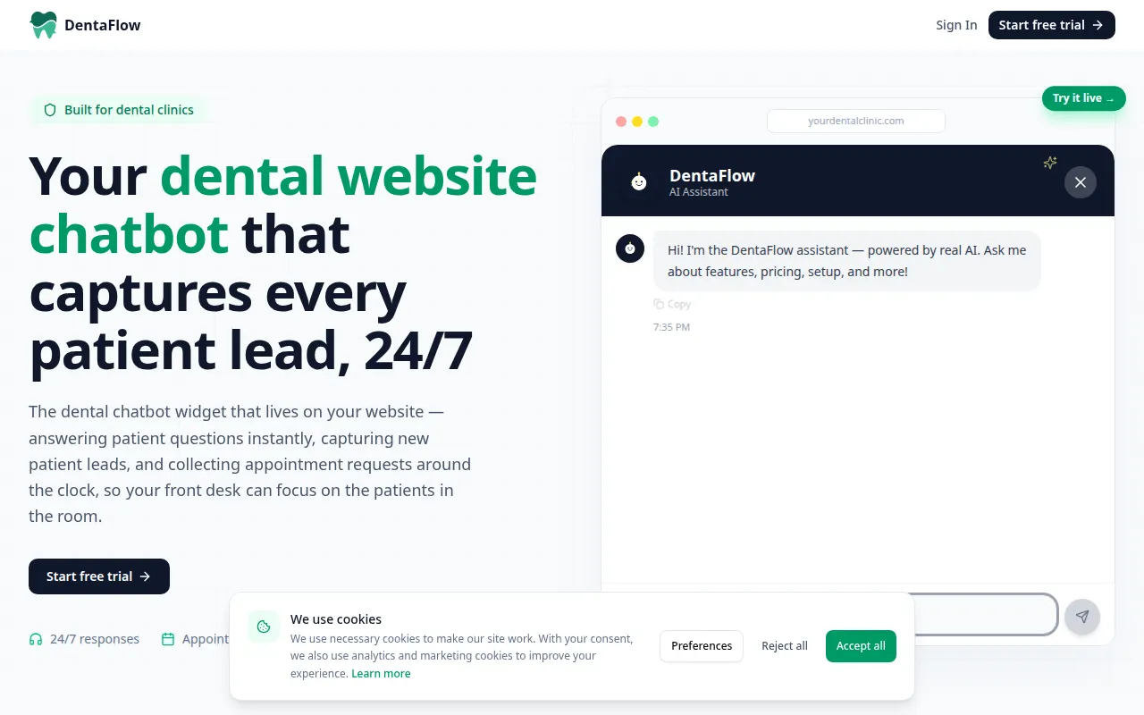 Homepage of dentaflow.chat
