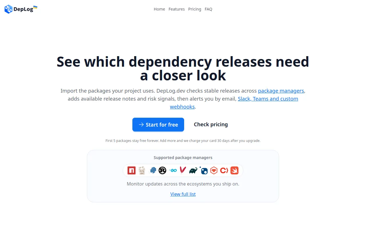 Homepage of deplog.dev