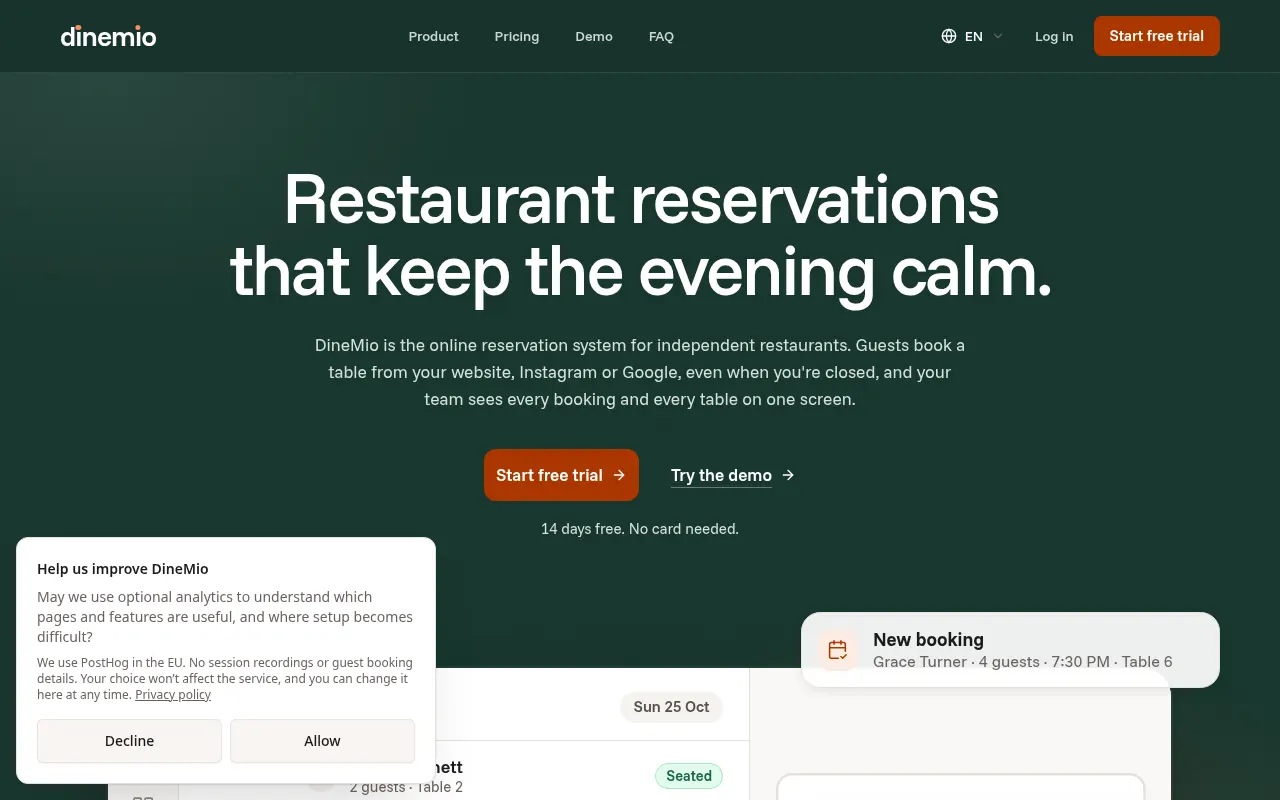 Homepage of dinemio.com