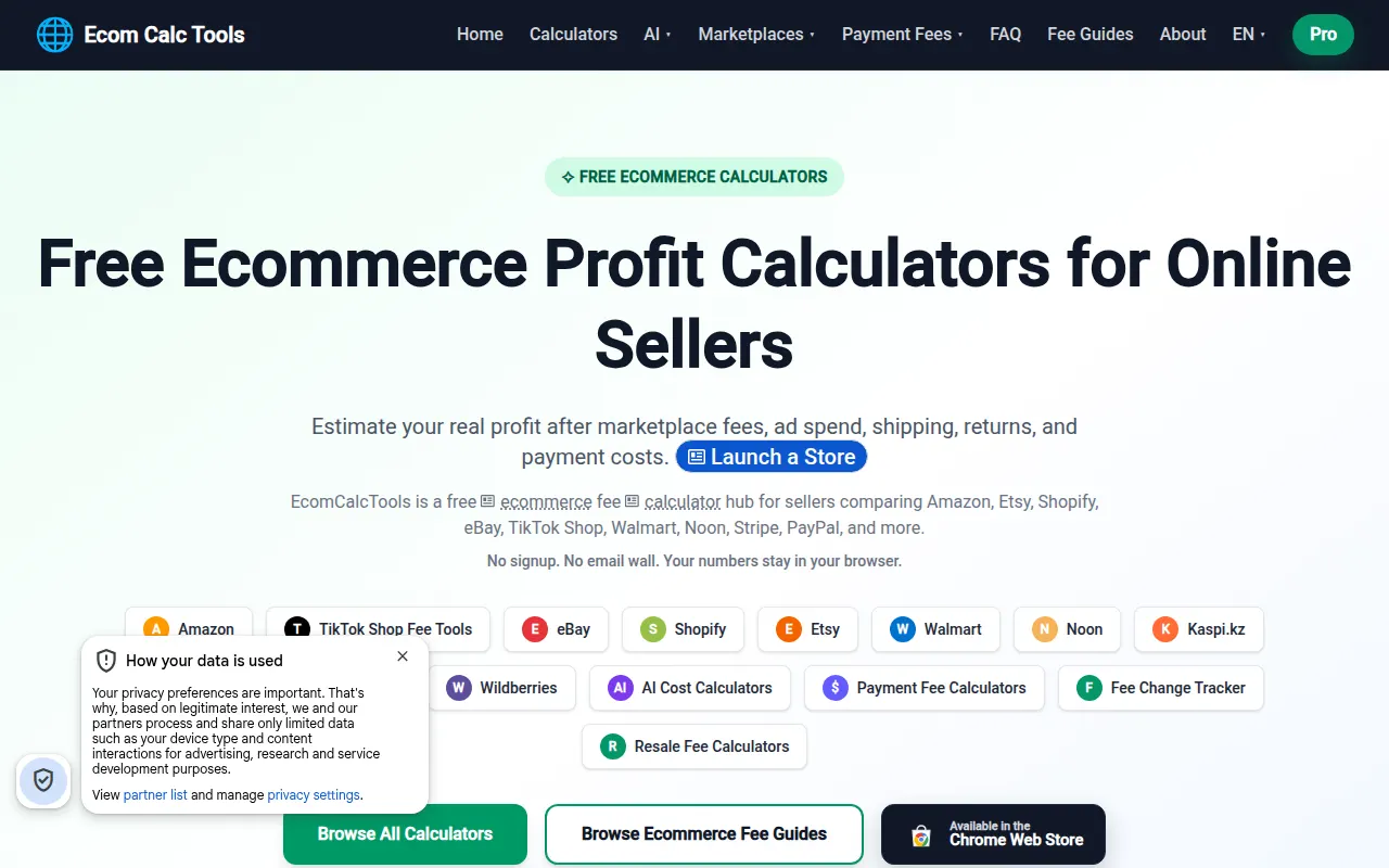 Homepage of ecomcalctools.com