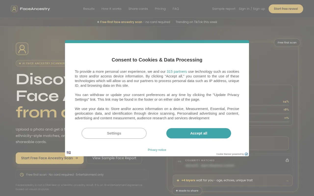 Homepage of faceancestry.com