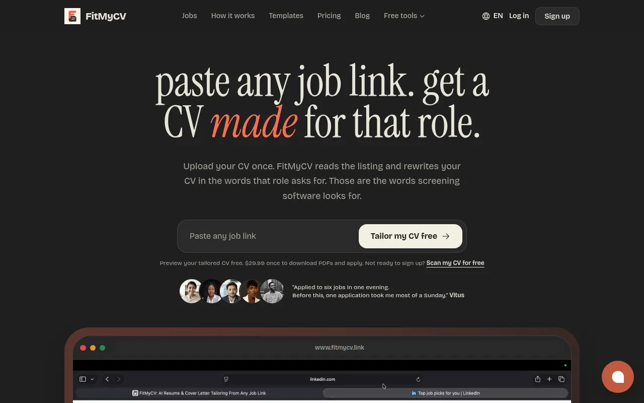 Homepage of fitmycv.link