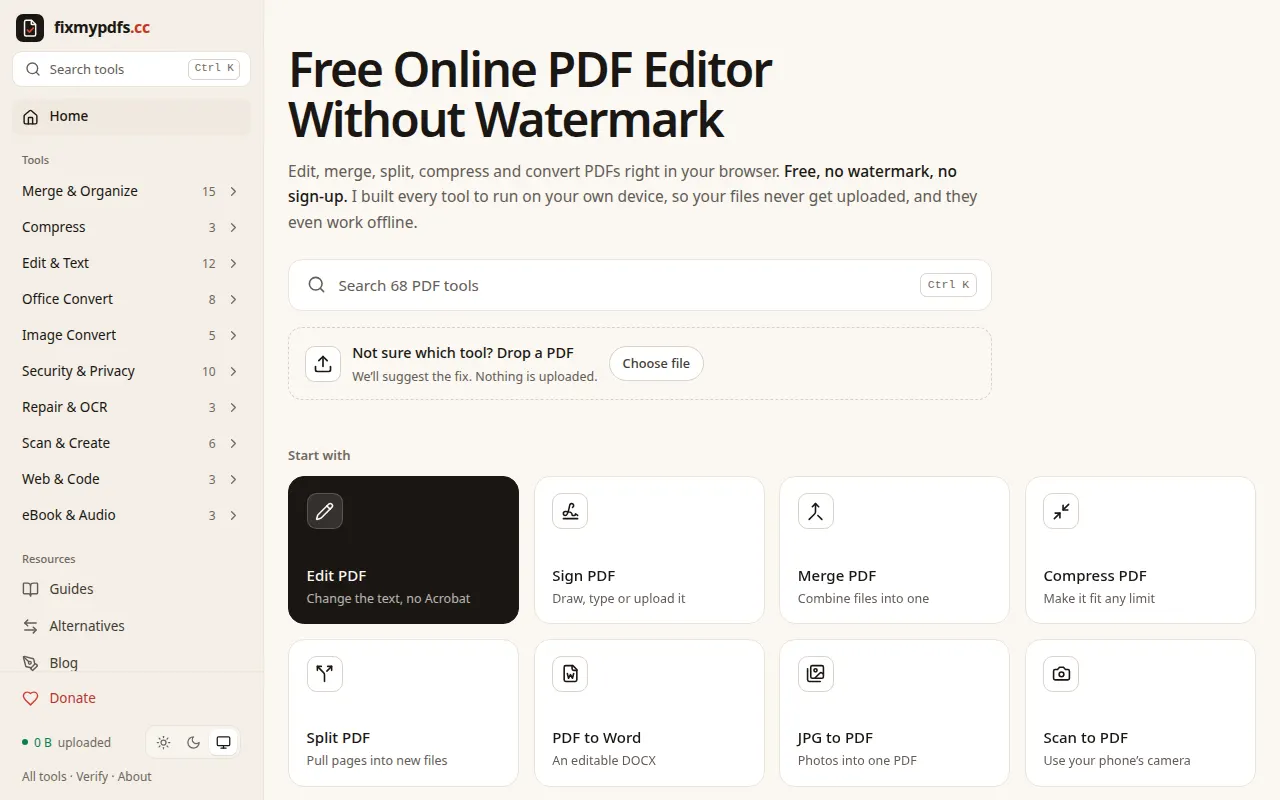 Homepage of fixmypdfs.cc
