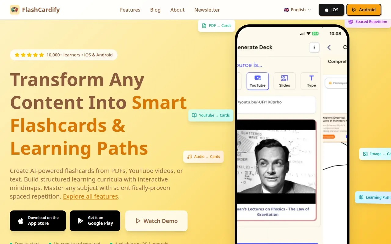 Homepage of flashcardify.me