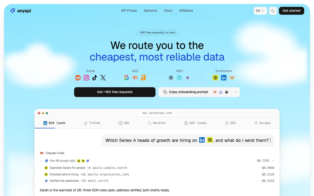 Homepage of getanyapi.com