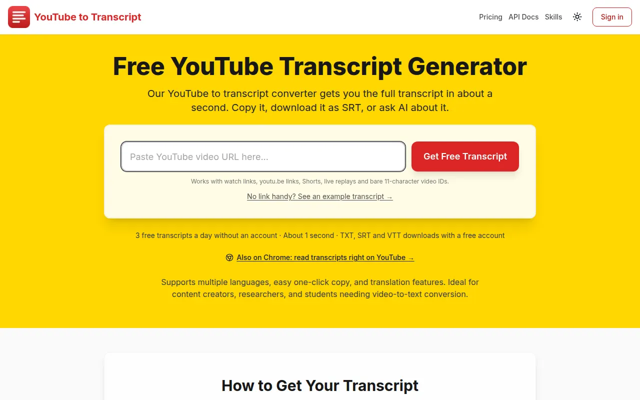 Homepage of getyoutubetranscript.com