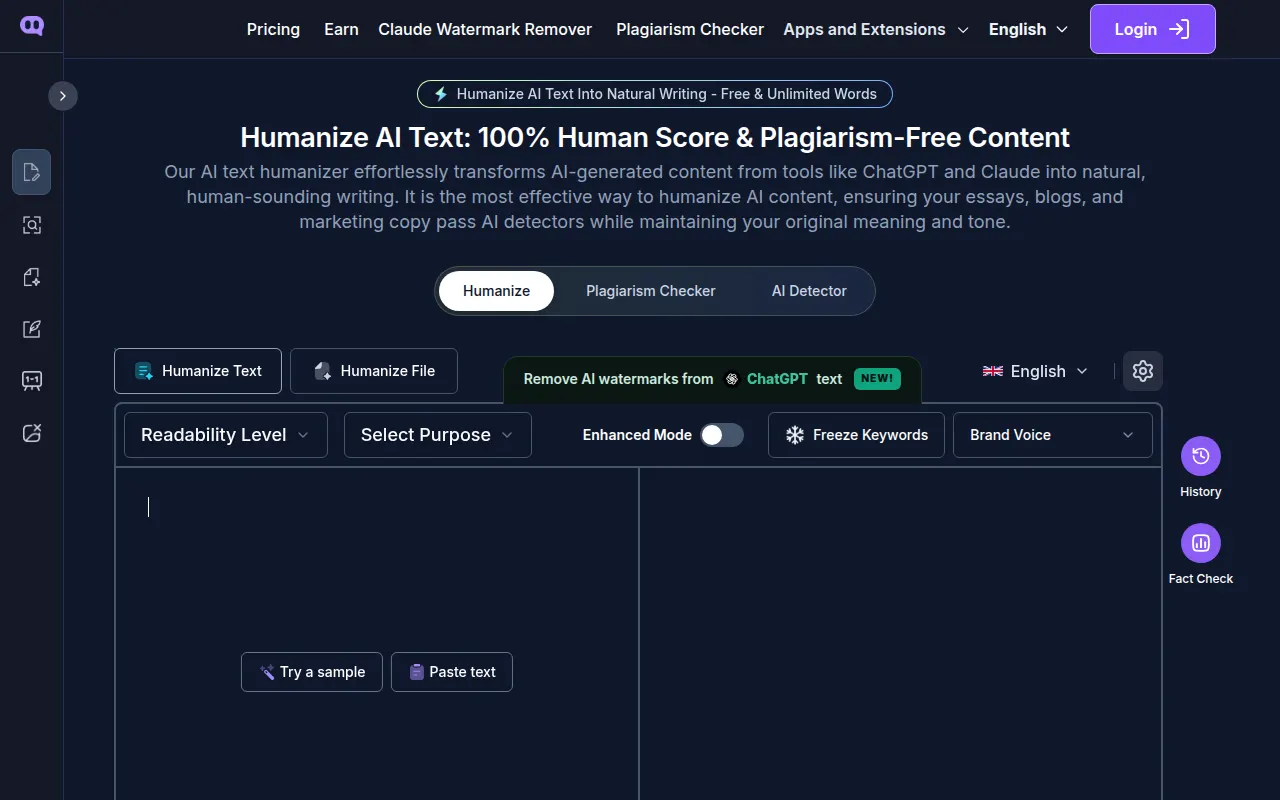 Homepage of humanizeaitext.ai